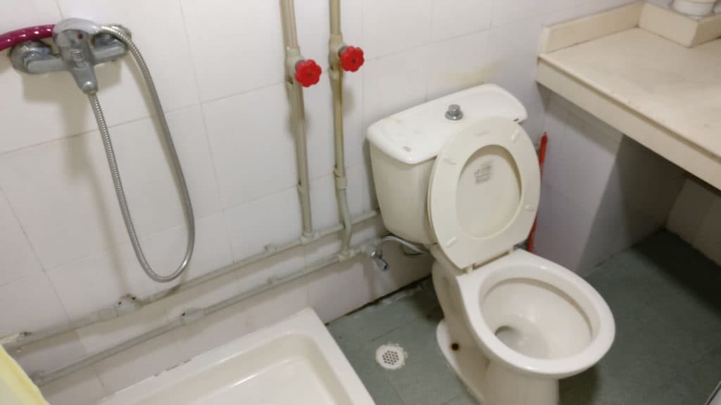 舊式浴室一角：白色瓷磚牆、外露水管、花灑喉、座廁與旁邊的洗手盆
