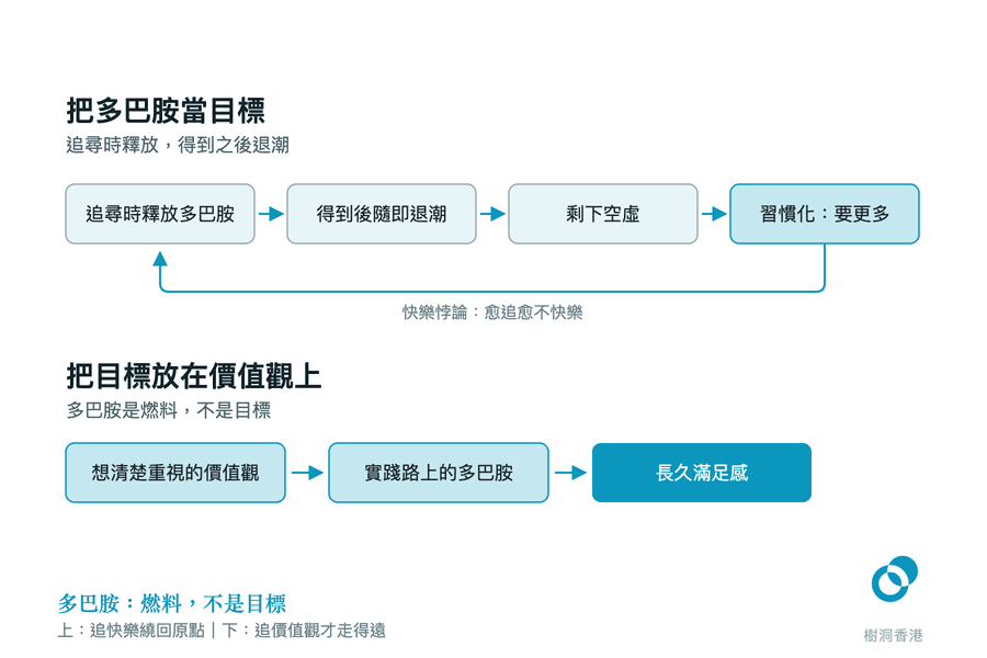 上下兩條路徑對照：上排四格「追尋時釋放多巴胺→得到後隨即退潮→剩下空虛→習慣化：要更多」被一條回頭箭頭接成「快樂悖論」的循環，下排三格「想清楚重視的價值觀→實踐路上的多巴胺→長久滿足感」則是一條不回頭的直線。　圖：樹洞香港