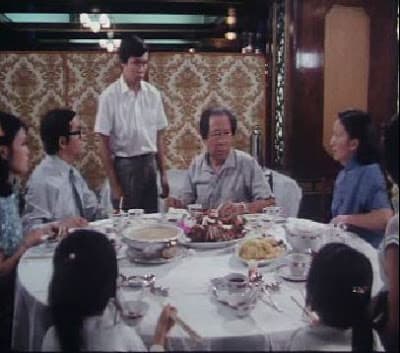 舊香港電影截圖：一家人圍坐圓桌吃飯，桌上擺滿菜餚