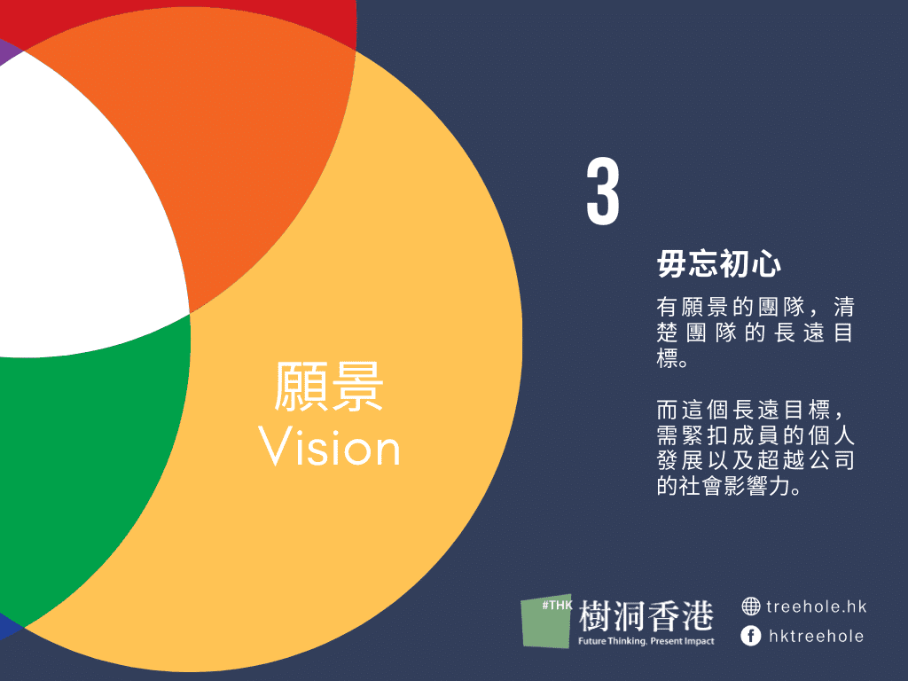 樹洞香港資訊圖第三頁:以黃色圓形標示「願景 Vision」,說明有願景的團隊清楚長遠目標,並緊扣成員的個人發展與社會影響力