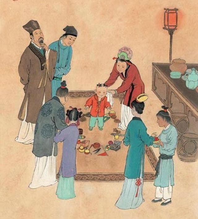中國古畫:一名幼童站在鋪滿物件的方形托盤中央「抓周」,家人在旁圍觀