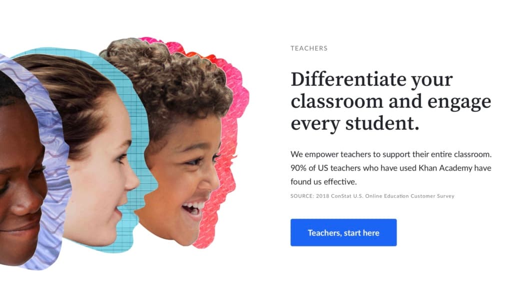 教育平台網頁截圖:多名學生的側面拼貼,標題「Differentiate your classroom and engage every student.」