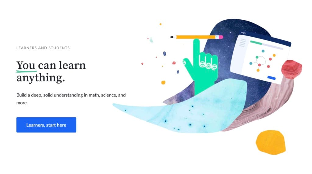 教育平台網頁截圖:抽象拼貼插圖配標題「You can learn anything.」與「Learners, start here」按鈕