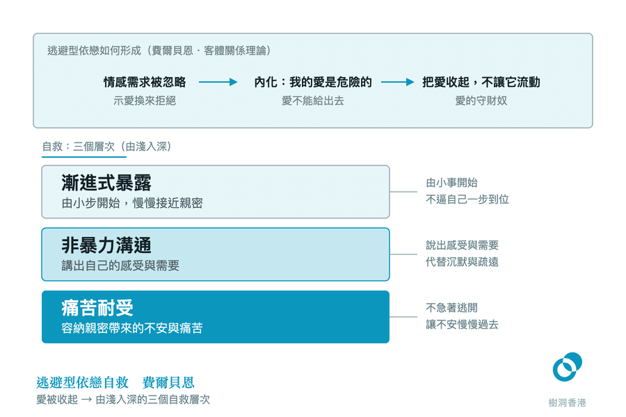 圖中上方以三步鏈條顯示逃避型依戀如何形成——情感需求被忽略、內化「我的愛是危險的」、把愛收起不讓它流動;下方三條由淺至深的橫條,順序列出漸進式暴露、非暴力溝通、痛苦耐受三個自救層次,每條右側以引線帶出具體做法。 圖:樹洞香港