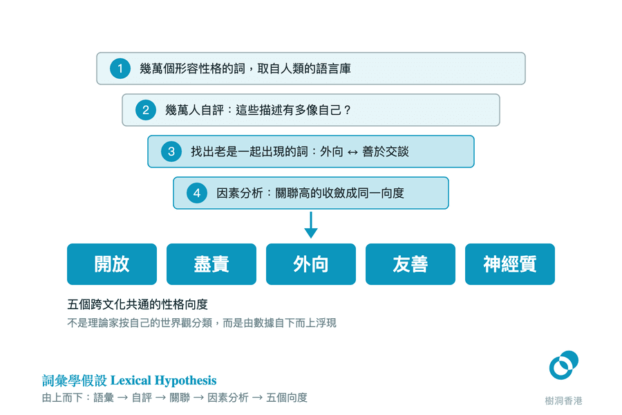 一個由寬至窄的四級漏斗,依次是幾萬個形容性格的詞、幾萬人自評、找出老是一起出現的詞、因素分析,箭嘴向下收斂成五個深藍綠色方塊——開放、盡責、外向、友善、神經質,底部說明這五個向度不是理論家按自己的世界觀分類,而是由數據自下而上浮現。 圖:樹洞香港