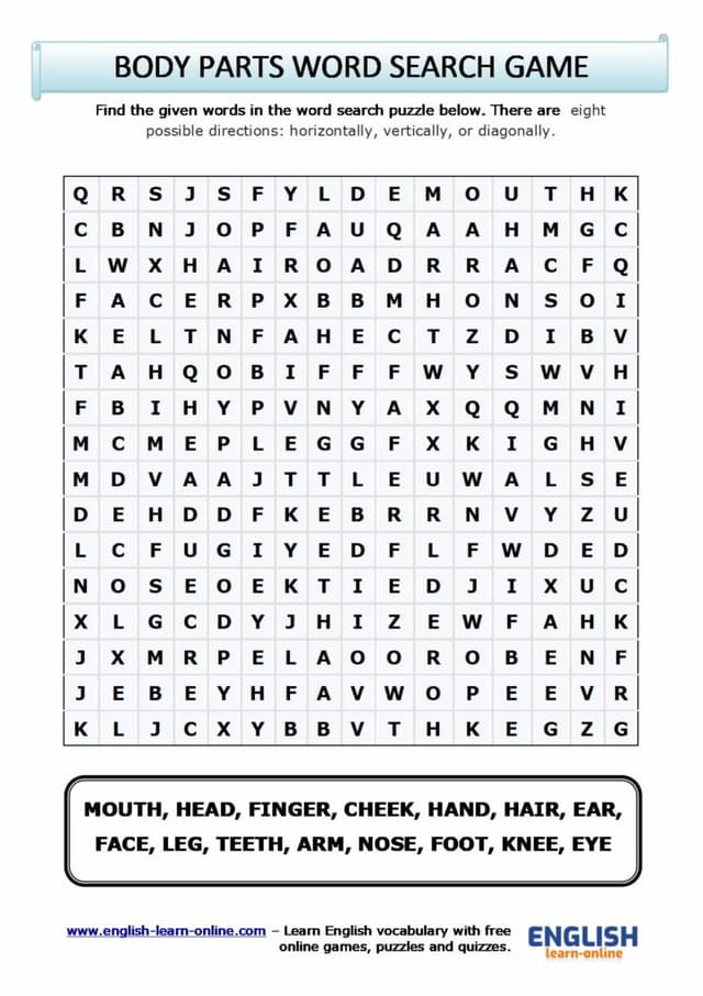 英文找字遊戲工作紙「BODY PARTS WORD SEARCH GAME」:字母方陣下列出 MOUTH、HEAD、FINGER 等身體部位詞彙