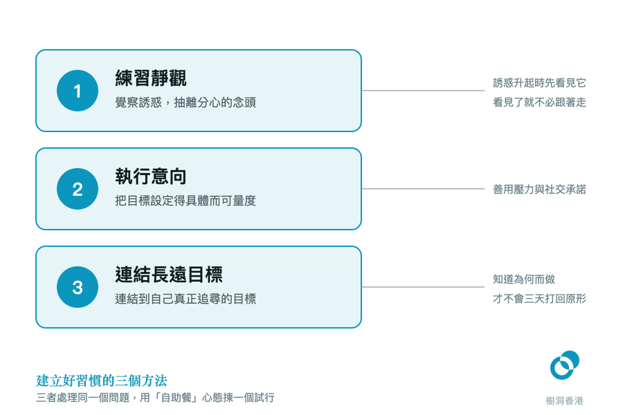 三條由上而下排列的編號橫欄,分別標出建立好習慣的三個方法——練習靜觀、執行意向、連結長遠目標,每欄右邊以引線帶出一兩句要點。 圖:樹洞香港