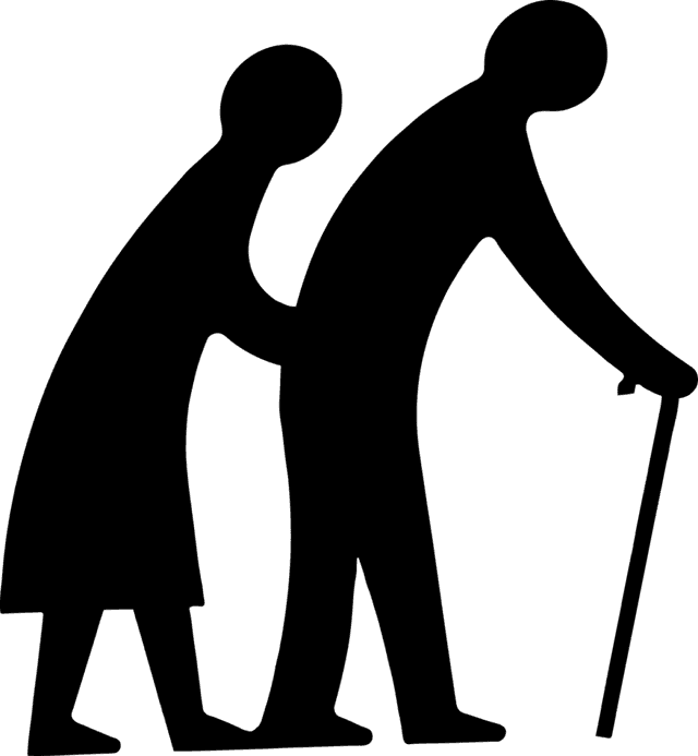 黑色剪影插圖:兩位長者並肩前行,其中一位手持拐杖