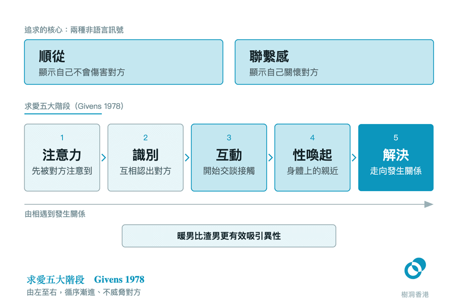 圖中上方兩個色塊標出追求的兩種非語言訊號——順從(顯示自己不會傷害對方)與聯繫感(顯示自己關懷對方);下方五個由淺入深的方格依次排出注意力、識別、互動、性喚起、解決五個求愛階段,並以一支長箭頭標示由相遇走到發生關係的歷程。 圖:樹洞香港