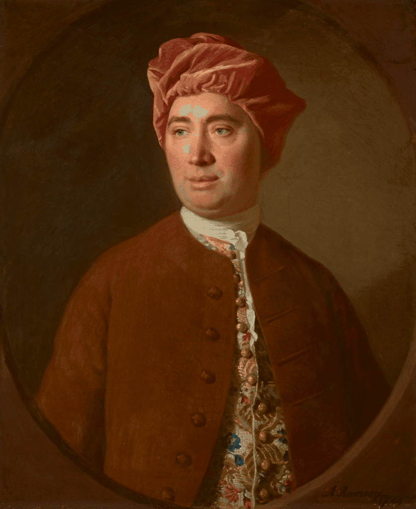 哲學家大衛・休謨(David Hume)的十八世紀油畫肖像,頭戴紅色帽子、身穿棕色外套