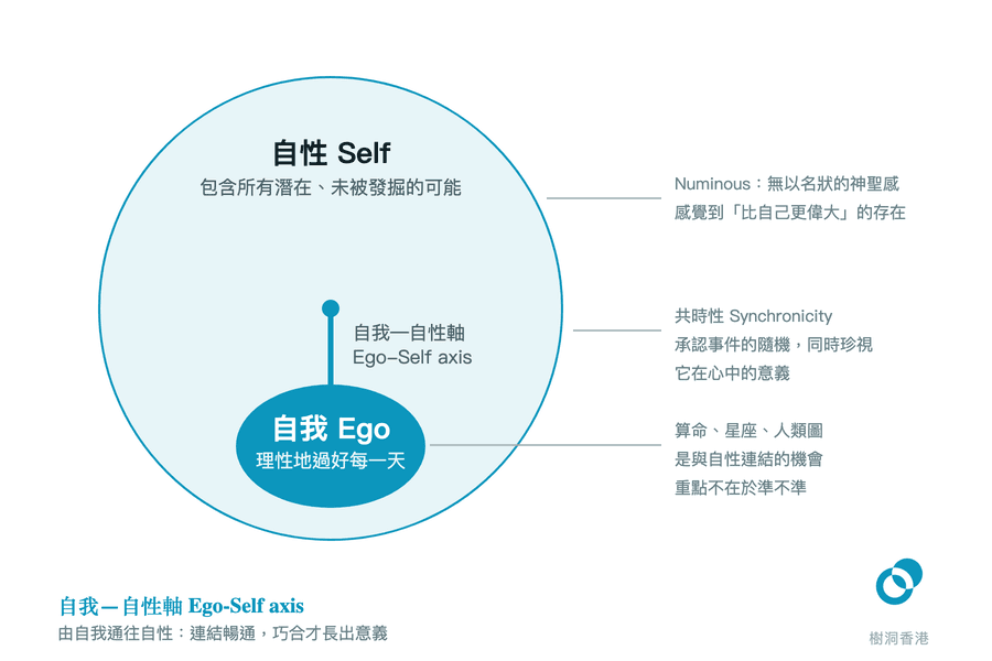 一個代表自性的大圓內含一個代表自我的小橢圓,兩者由一條標示「自我—自性軸」的直線相連,右側引線列出 Numinous、共時性,以及算命星座人類圖這個與自性連結的機會。 圖:樹洞香港