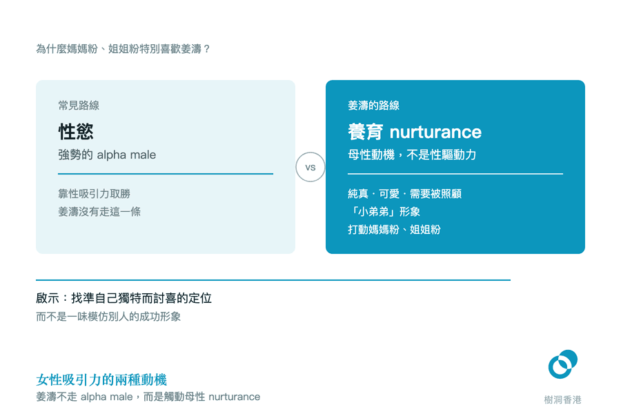 兩欄對照圖:左欄是常見的「性慾」路線(強勢的 alpha male、靠性吸引力取勝),右欄是姜濤走的「養育 nurturance」路線(母性動機、純真可愛需要被照顧的「小弟弟」形象、打動媽媽粉姐姐粉),下方帶出啟示——找準自己獨特而討喜的定位,而不是模仿別人的成功形象。 圖:樹洞香港