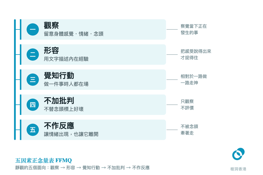 五因素正念量表 FFMQ 的五個面向由上而下串在同一條主軸上:觀察、形容、覺知行動、不加批判、不作反應,每項各配一句說明與右側引線註腳。 圖:樹洞香港