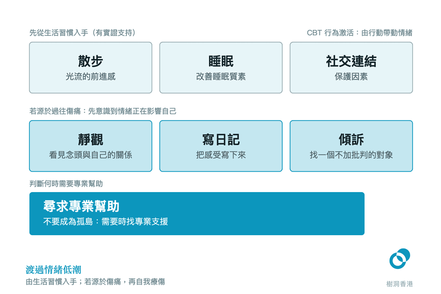 圖中分三層:上層三格是散步、睡眠、社交連結三個生活習慣;中層三格是靜觀、寫日記、傾訴三個自我療傷方法,供不開心源於過往傷痛時使用;最下方一條深色橫條提示何時需要尋求專業幫助、不要成為孤島。 圖:樹洞香港