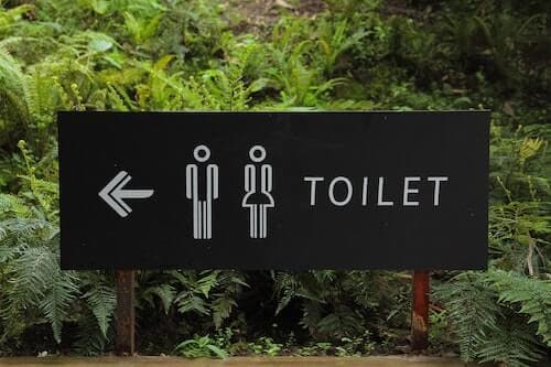 戶外洗手間指示牌:黑色牌上有男女圖示、箭嘴與「TOILET」字樣,背景為茂密植物