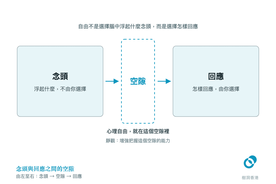 左邊一格是「念頭」(浮起什麼,不由你選擇),右邊一格是「回應」(怎樣回應,由你選擇),兩格中間留出一個以虛線框起的窄長空間標示「空隙」,箭頭由念頭穿過空隙走向回應,下方註明心理自由就在這個空隙裡,靜觀可以增強把握它的能力。 圖:樹洞香港