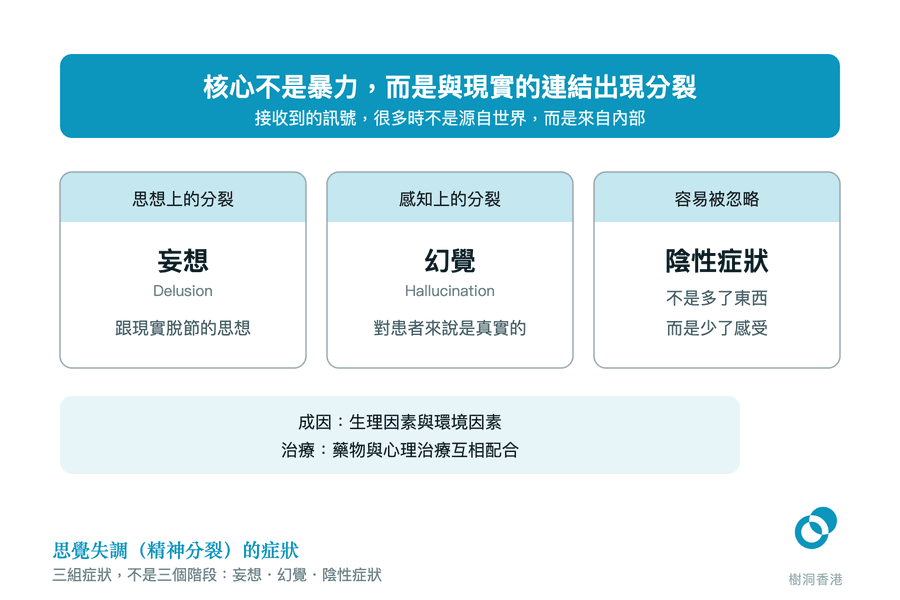深藍橫幅先寫出核心「不是暴力,而是與現實的連結出現分裂,訊號來自內部」,下面三張卡並排:思想上的分裂—妄想 Delusion(跟現實脫節的思想)、感知上的分裂—幻覺 Hallucination(對患者來說是真實的)、容易被忽略的陰性症狀(不是多了東西,而是少了感受),最底一條淺藍帶列出成因(生理與環境)與治療(藥物與心理治療互相配合)。 圖:樹洞香港