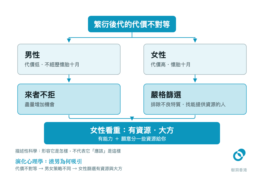 由上而下的分流圖:「繁衍後代的代價不對等」分出男性(代價低・不經歷懷胎十月)與女性(代價高・懷胎十月)兩支,各自發展成「來者不拒」與「嚴格篩選」兩種策略,最後匯合到女性看重的「有資源・大方」,並註明心理學是描述性科學,不代表事情「應該」是這樣。 圖:樹洞香港