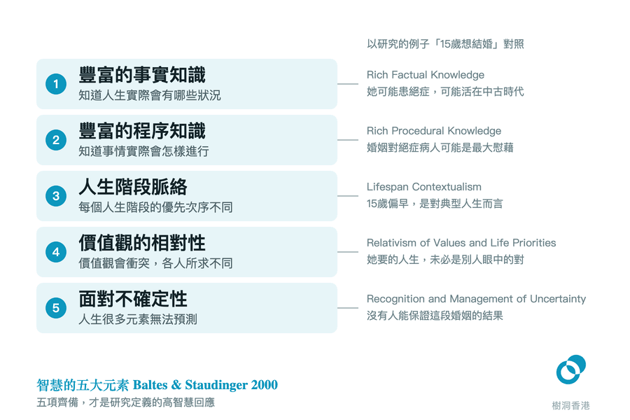 圖中五條橫列由上而下排出智慧的五大元素,每列有編號、中文名稱和一句說明,右邊以研究裡「15歲想結婚」的例子逐項對照。 圖:樹洞香港